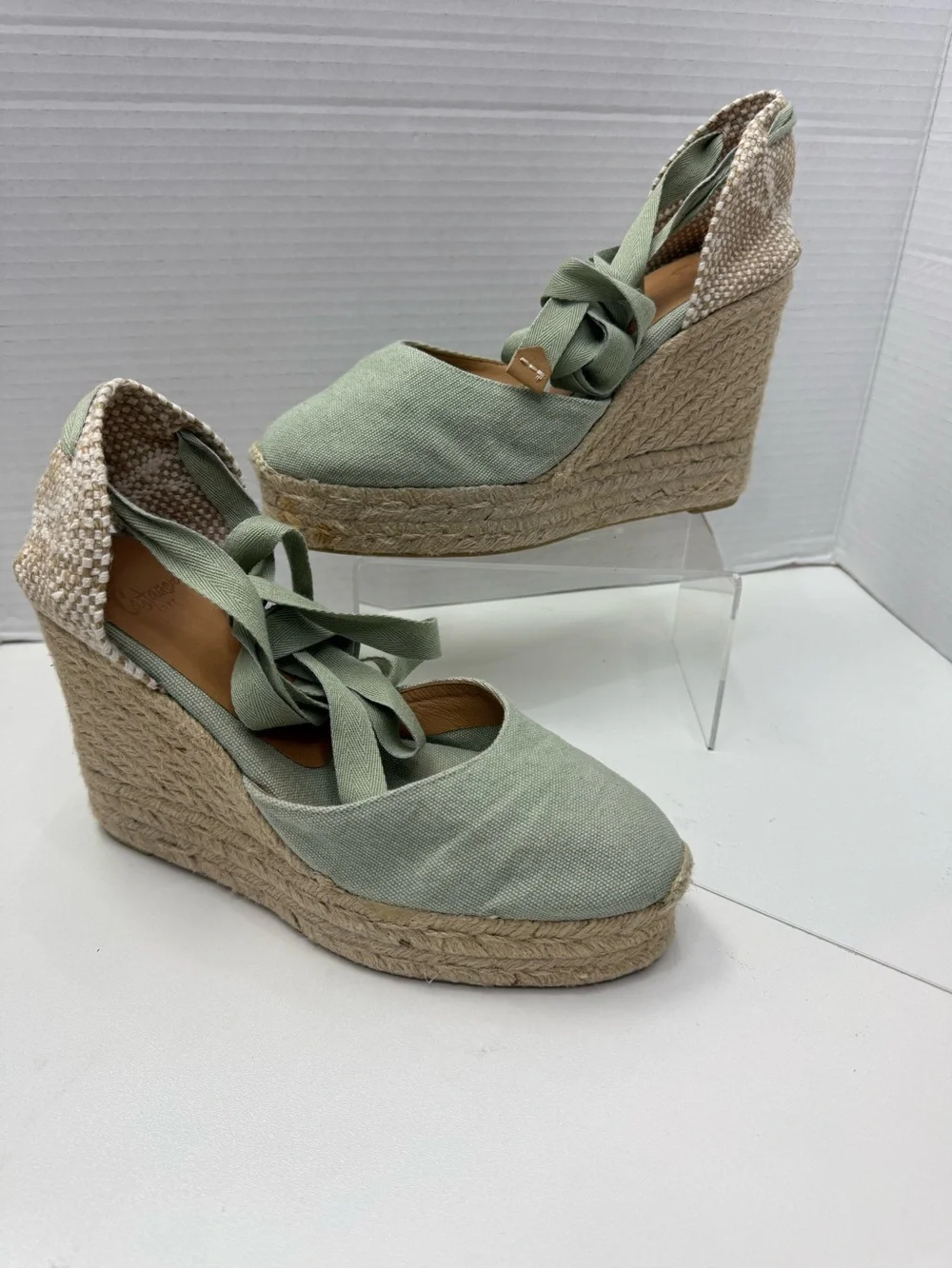 Castañer Carina Canvas Wedge Espadrilles Olive Green Size 37